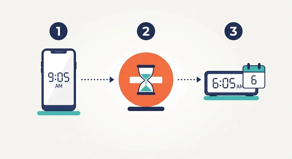 Three steps to calculate 3 hours ago: check a clock at 9:05 AM, subtract three hours, get 6:05 AM