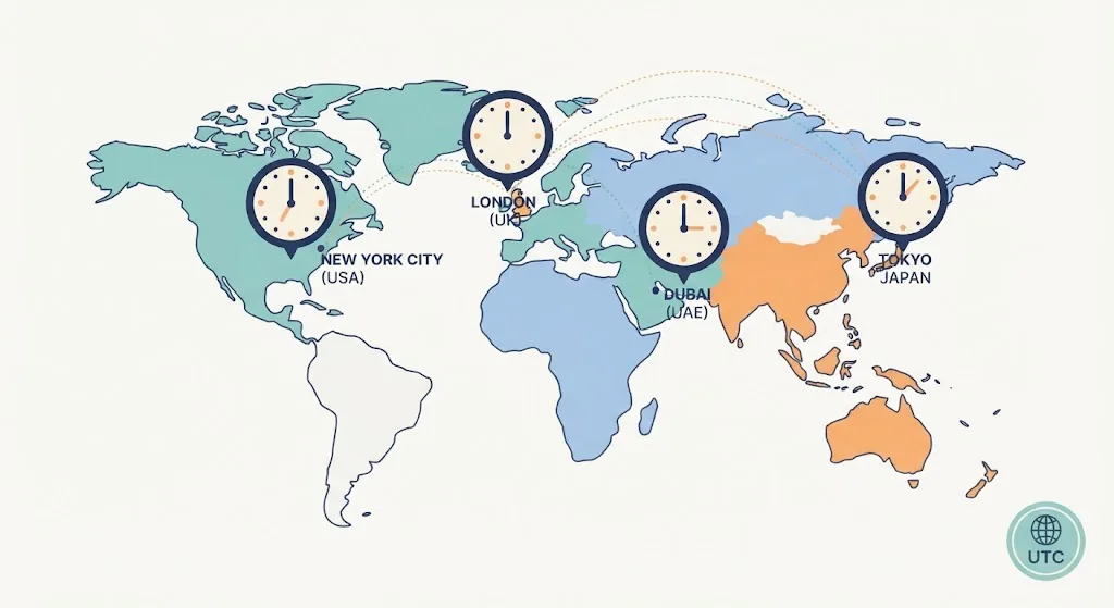 World map with clocks above New York, London, Dubai and Tokyo each showing a different hour