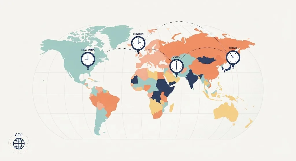 World map with clocks above New York, London, Dubai and Tokyo each showing a different hour