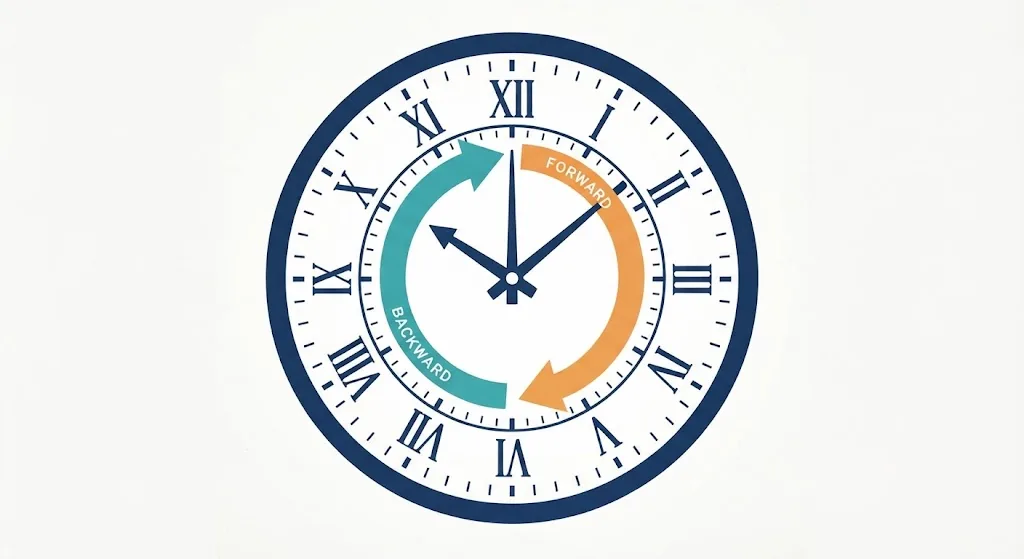 Clock with two curved arrows, one forward labeled 4 hours from now and one backward labeled 4 hours ago