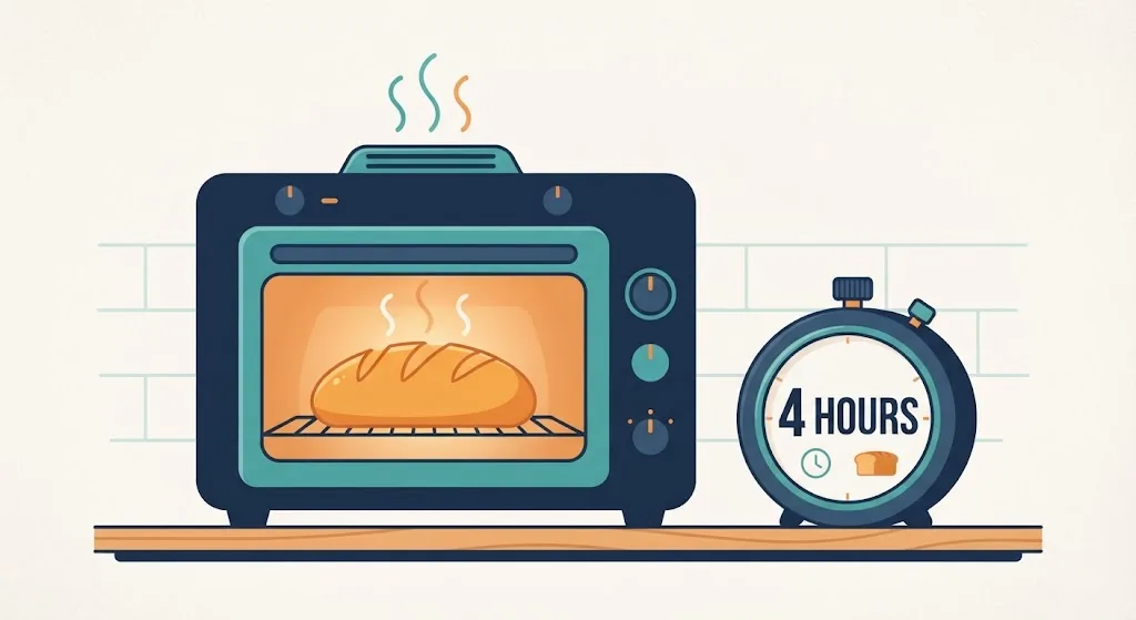 Illustration of a loaf of bread rising in an oven with a timer showing four hours counting down