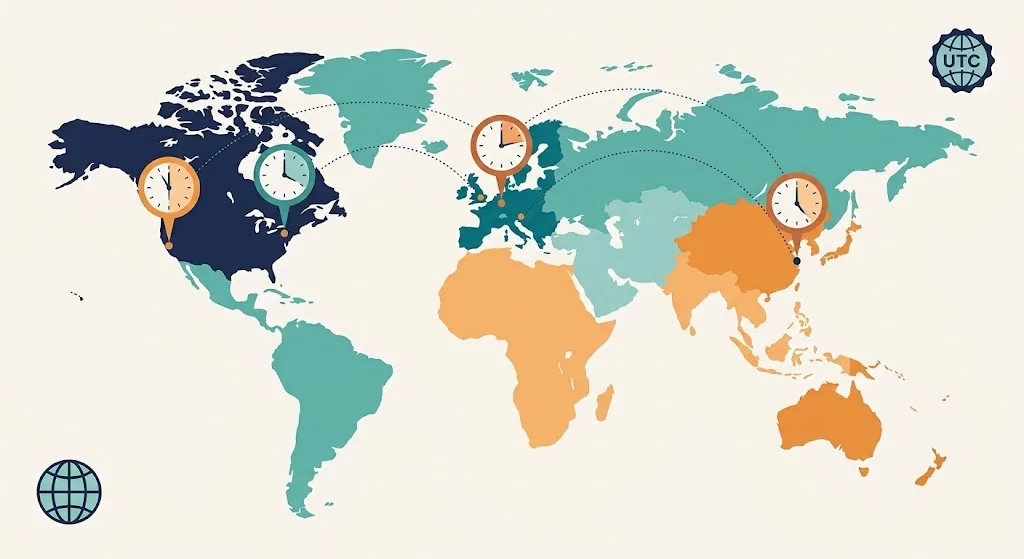 World map with four wall clocks over four city skylines connected by dotted lines, showing different local times for the same moment