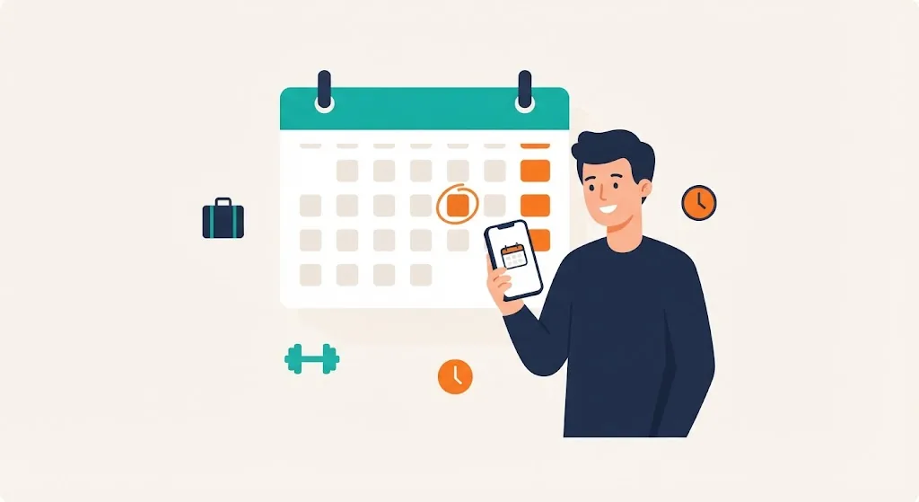 Person checking a phone calendar app next to a large calendar page with one date circled