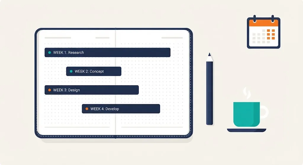 Flat illustration of an open planner with four weekly stage bars for a four-week project