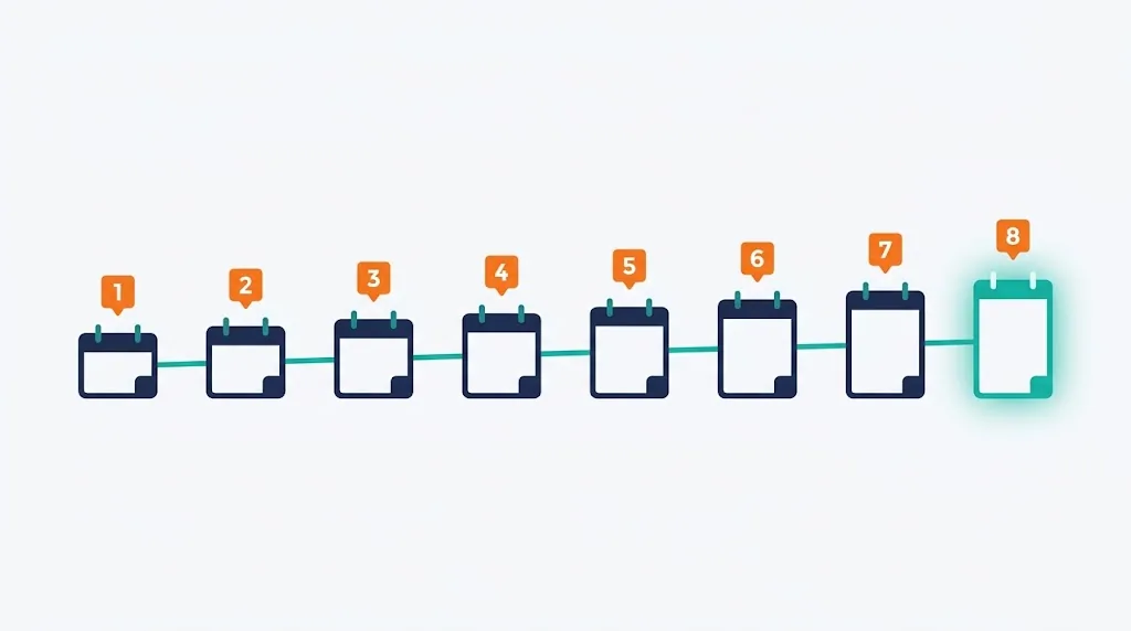 Row of eight calendar icons on a timeline numbered one through eight showing weeks counted ahead