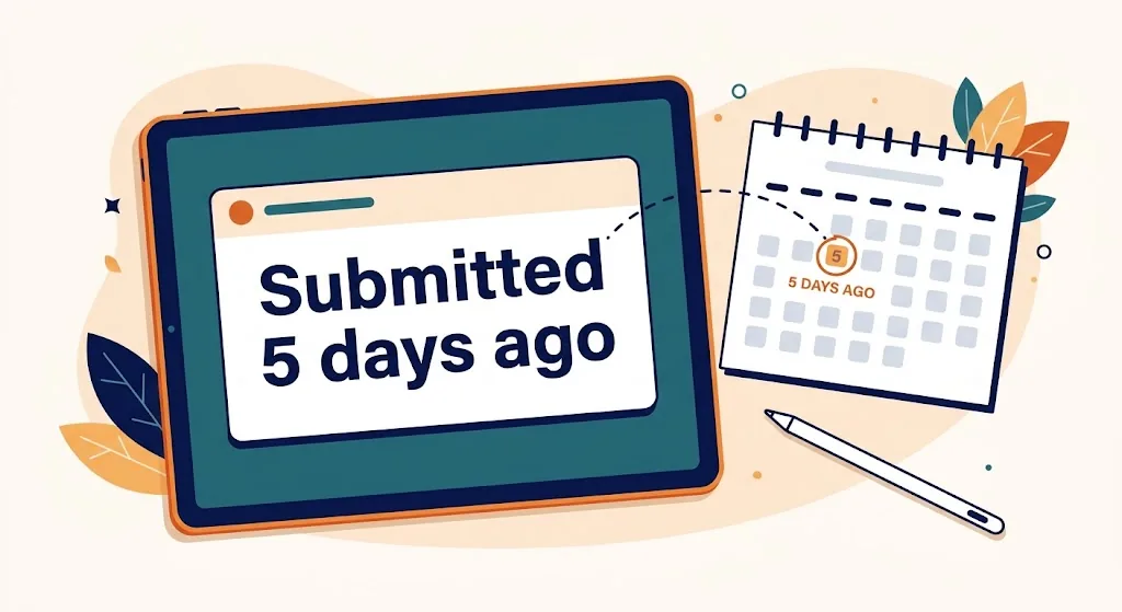 Illustration of a job application tracker screen reading Submitted 5 days ago beside a calendar page with one date circled