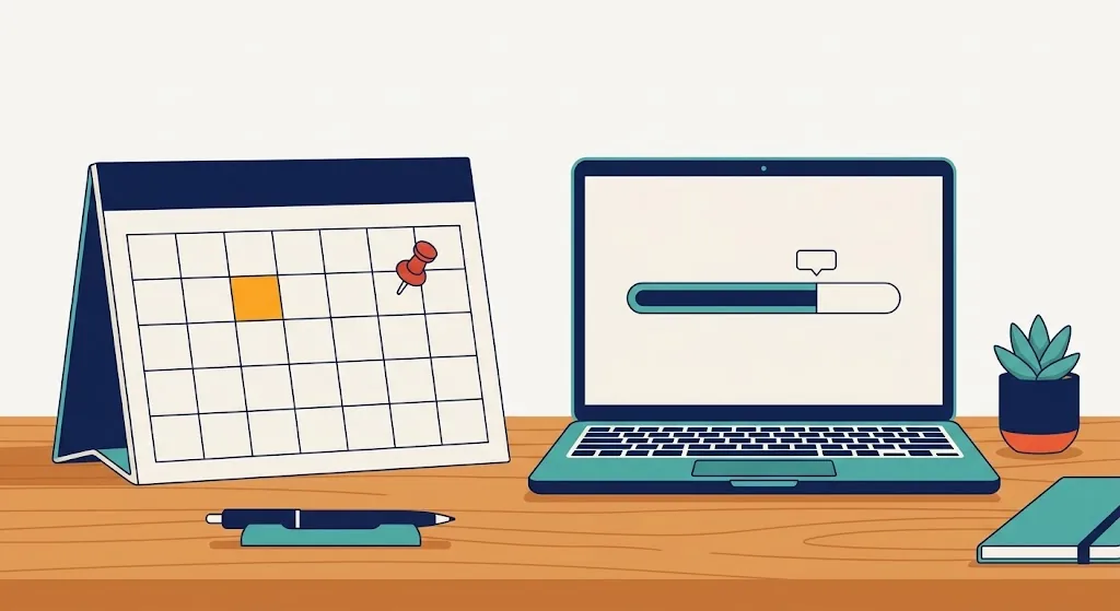 Desk calendar with a red pin five squares ahead of today, next to a laptop showing a project deadline
