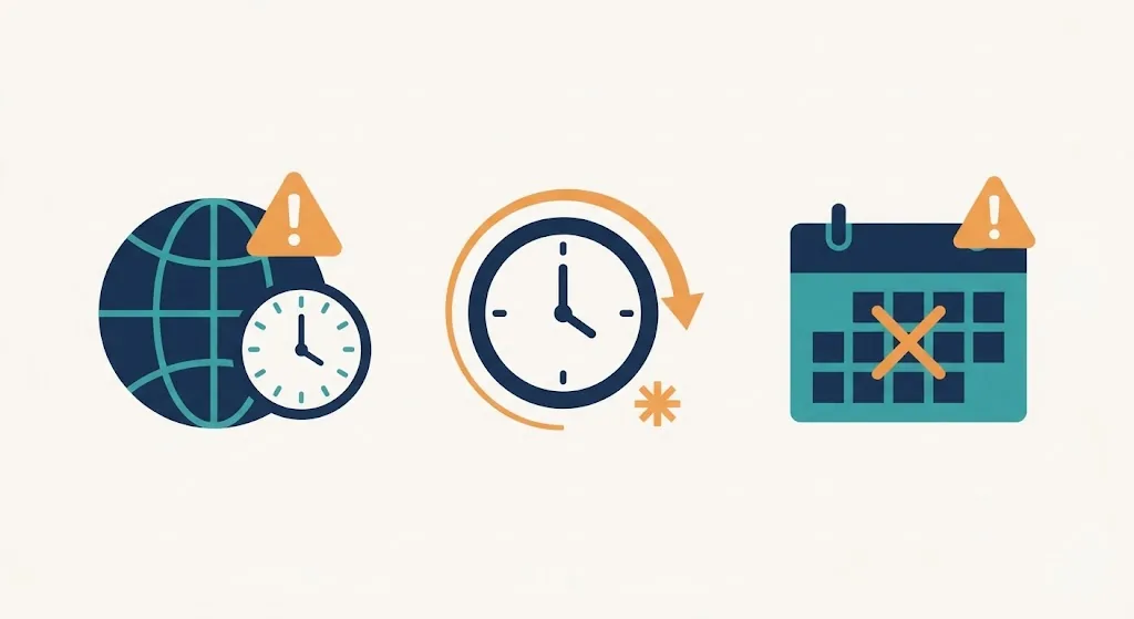 Three warning icons for timezone confusion, a clock with a DST arrow, and an off-by-one counting mistake on a calendar