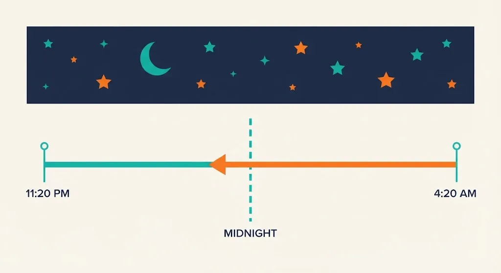 Night timeline with an orange arrow running from 4:20 AM back across midnight to 11:20 PM