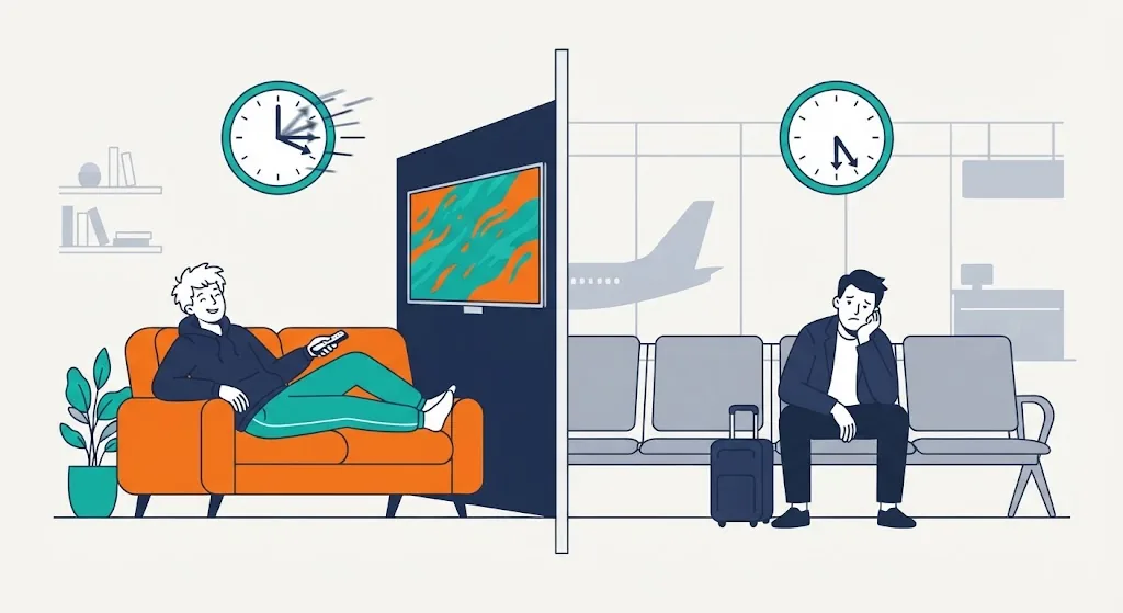 Split scene: a person enjoying a TV series while a clock spins fast, and a bored traveler waiting at an airport while a clock droops