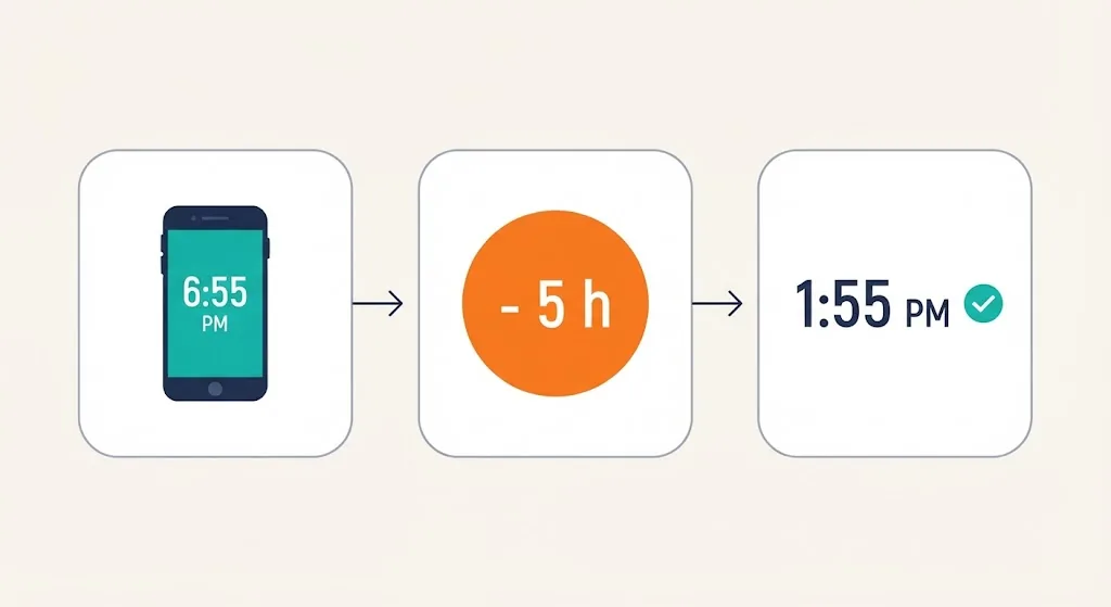 Three cards showing a phone clock at 6:55 PM, minus 5 hours, and the result 1:55 PM