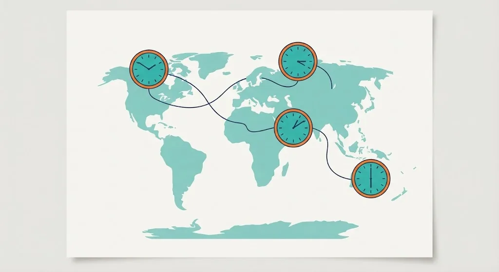 World map with four analog clocks above different continents, each showing a different hour