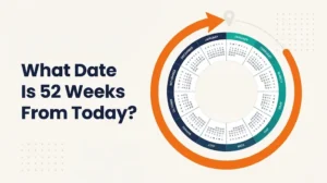 Full year calendar wheel with an orange arrow sweeping almost all the way around and stopping one tick short of a full circle, headline What Date Is 52 Weeks From Today