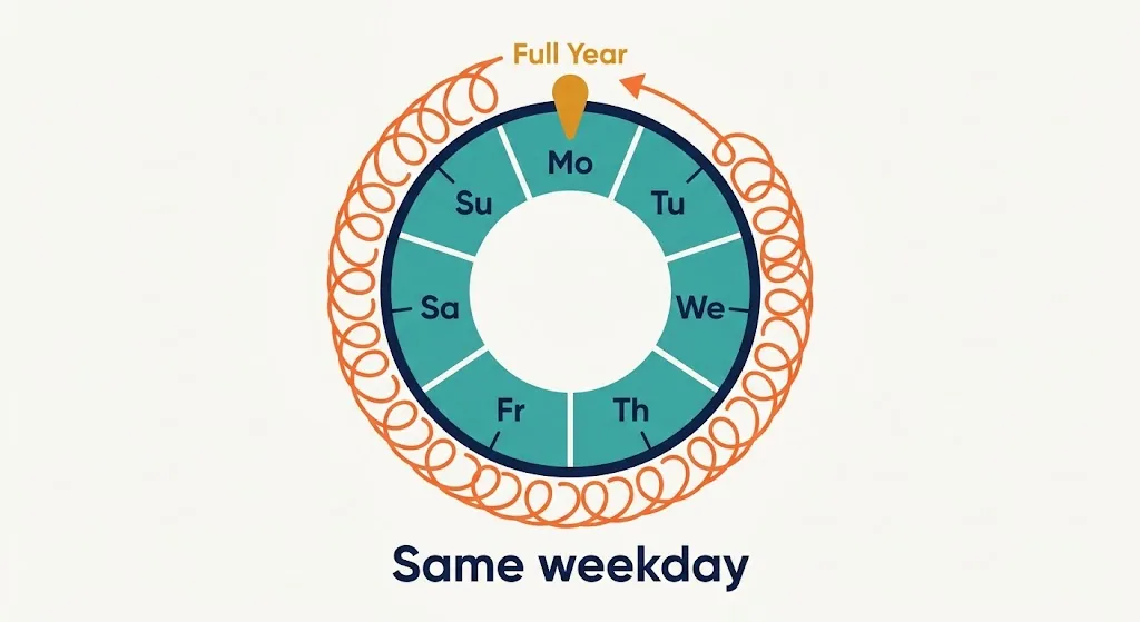 Circular diagram of the seven weekdays with a looping orange arrow winding around the ring 52 times before stopping one tick short of a full year marker