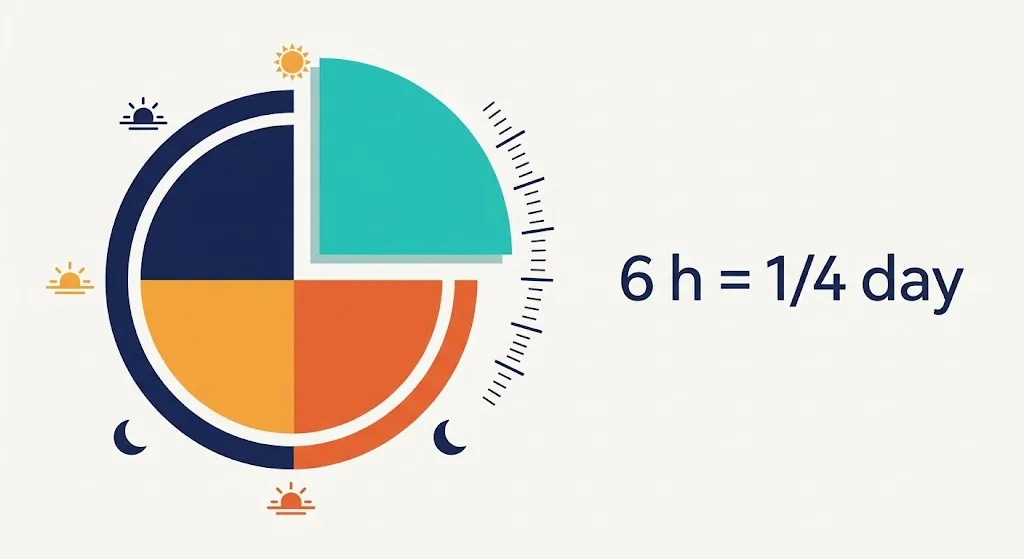 A 24-hour day wheel split into four equal parts, one highlighted to show 6 hours equals a quarter of a day