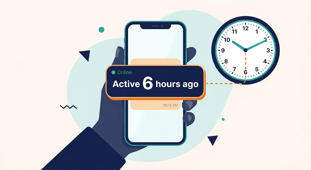 Smartphone chat showing Active 6 hours ago linked to an analog clock with the exact time