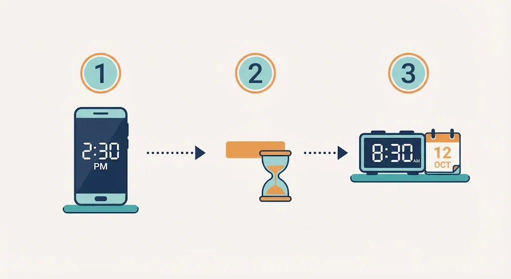 Three steps to calculate 6 hours ago: check the clock at 2:30 PM, subtract six hours, get 8:30 AM