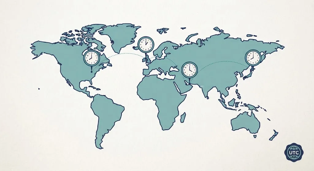 World map with clocks above New York, London, Dubai and Tokyo each showing a different hour