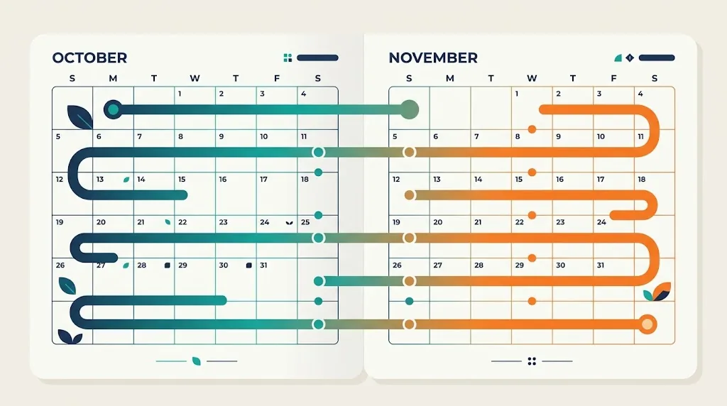 Two-month calendar grid with a highlighted path connecting a start date to a date six weeks later