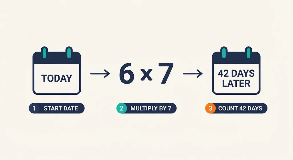 Three steps to calculate 6 weeks from today: start date, multiply 6 by 7, then count 42 days forward