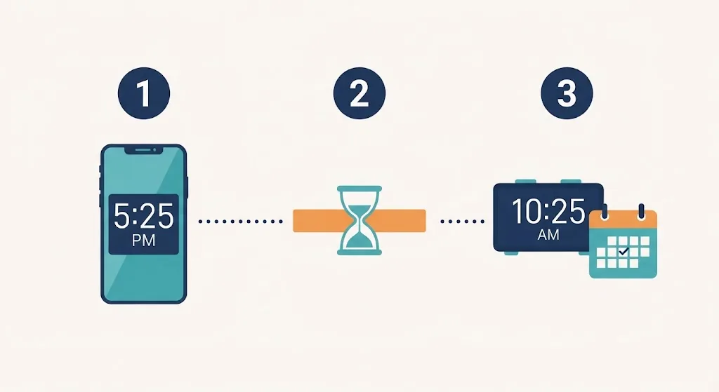 Three steps to calculate 7 hours ago: check the clock at 4:20 PM, subtract seven hours, get 9:20 AM