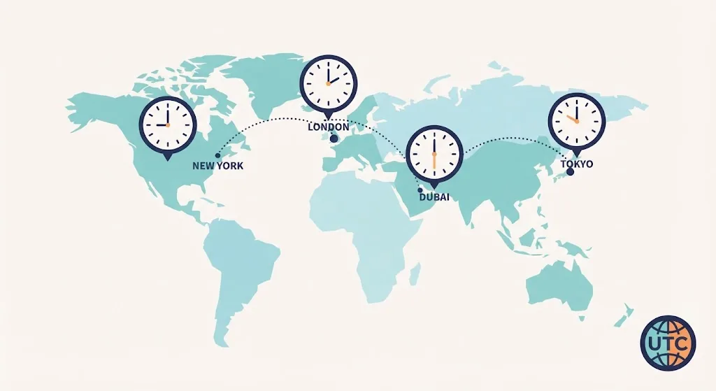 World map with clocks above New York, London, Dubai and Tokyo each showing a different hour