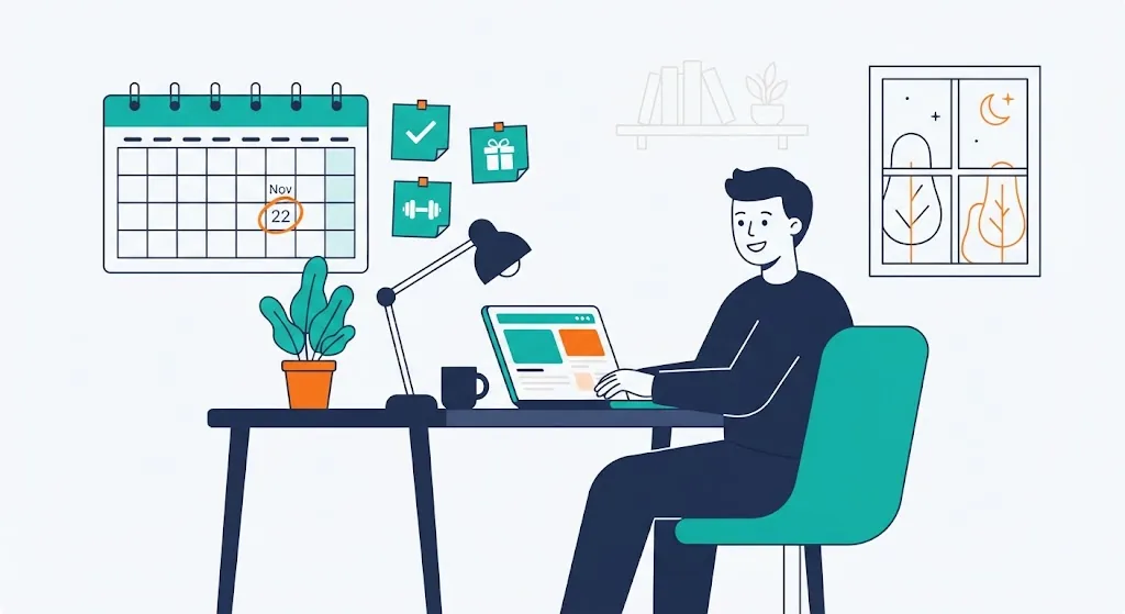 Person at a desk with a laptop and wall calendar, sticky notes with icons near a circled future date