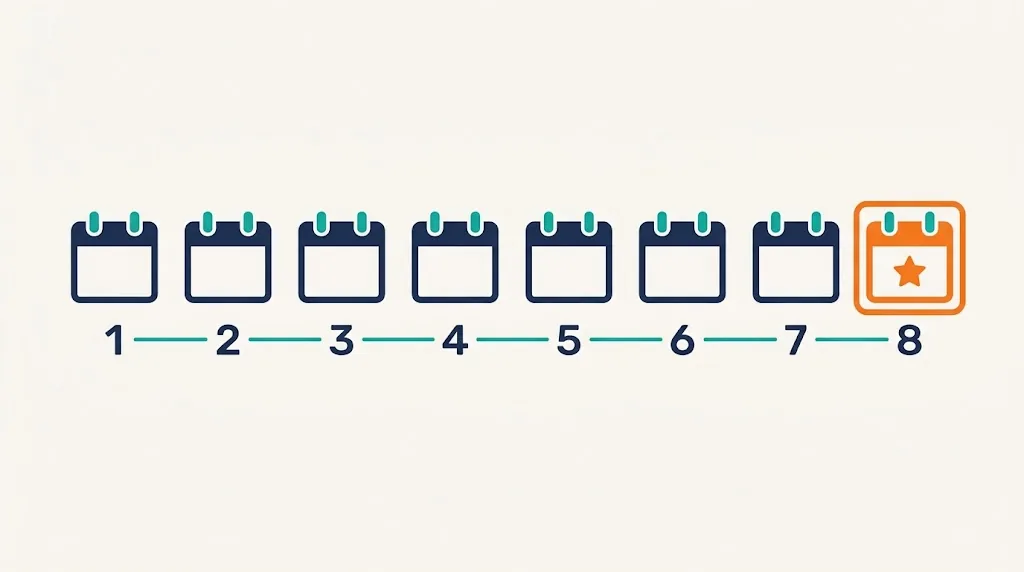 Row of eight calendar icons numbered one through eight with the eighth one circled in orange on a timeline