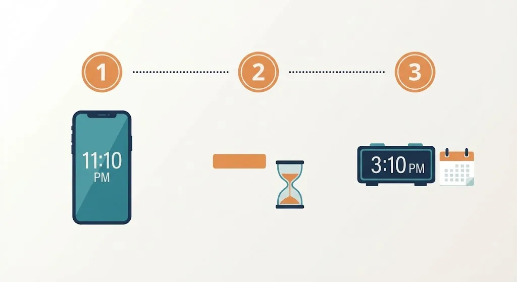 Three steps to calculate 8 hours ago: check the clock at 6:00 PM, subtract eight hours, get 10:00 AM