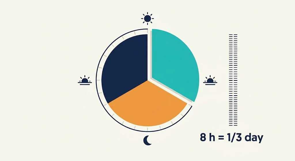 A 24-hour day wheel split into three equal parts, one highlighted to show 8 hours equals one third of a day