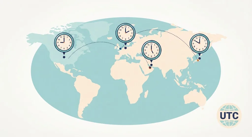 World map with clocks above New York, London, Dubai and Tokyo each showing a different hour