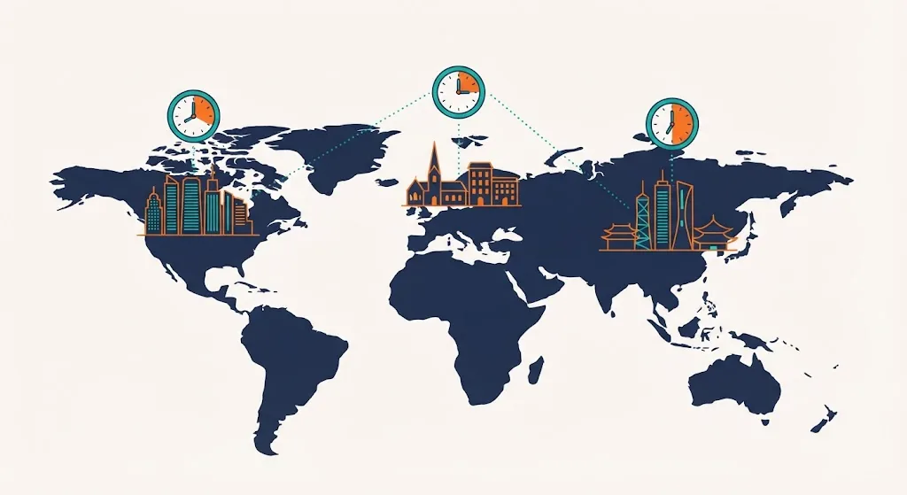 World map with three wall clocks over three city skylines connected by dotted lines, showing different local times for the same moment