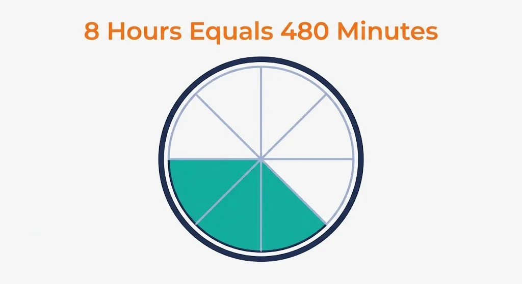 Day chart cut into eight three-hour slices with three highlighted, labeled 8 hours equals 480 minutes