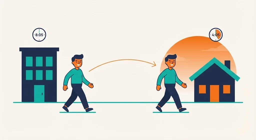Illustration of a person leaving an office in the morning and arriving home in the evening, eight hours apart