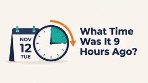 Clock with a teal wedge covering nine hours and an orange arrow pointing backward, headline What Time Was It 9 Hours Ago