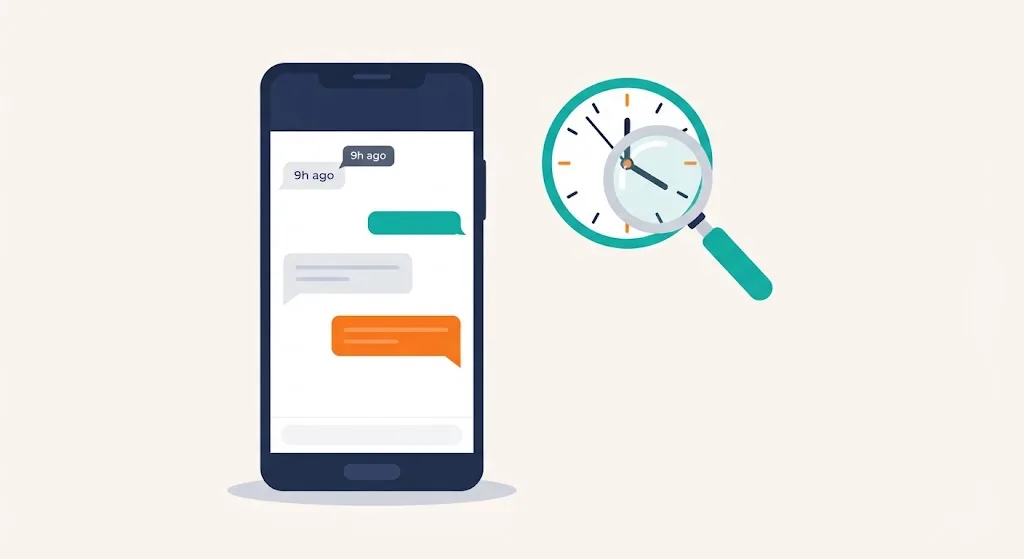 Smartphone chat with a message tagged 9h ago next to a clock under a magnifying glass