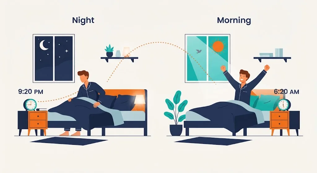 Bedroom scene: a person going to bed with the clock at 9:20 PM and waking with the clock at 6:20 AM