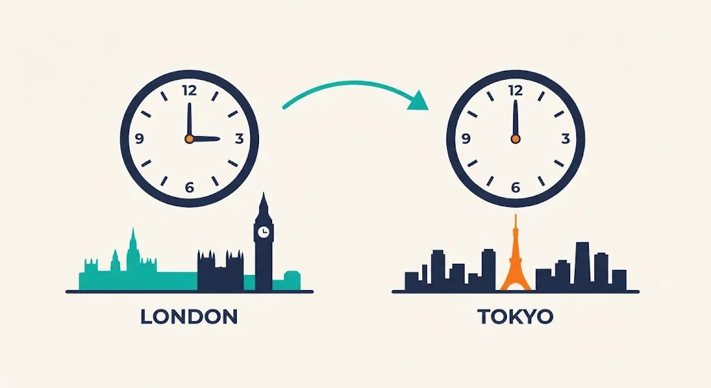 Two wall clocks above London and Tokyo skylines, the London clock at 3 and the Tokyo clock at 12