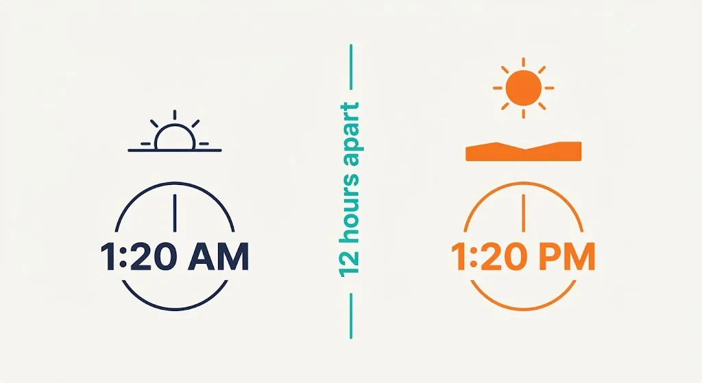 Split image comparing 1:20 AM at sunrise and 1:20 PM at midday, twelve hours apart