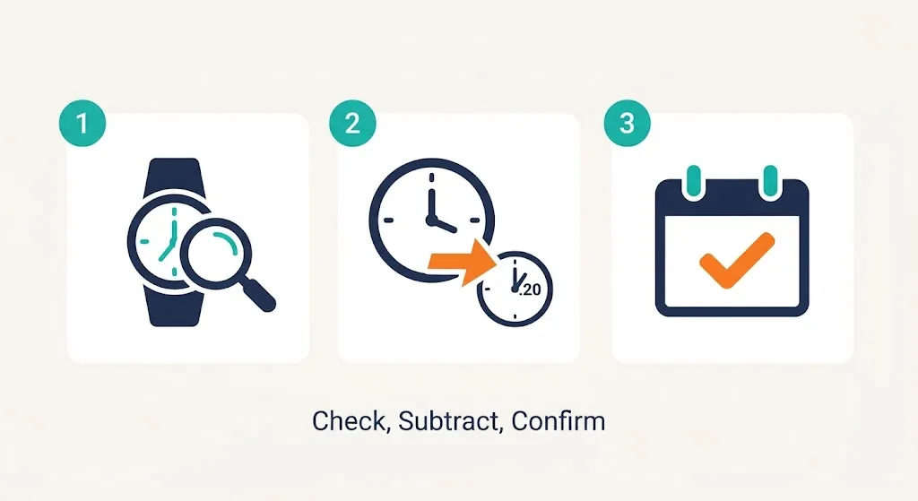 Three steps to find the countdown to 1:20 PM: check the clock, subtract, confirm the result
