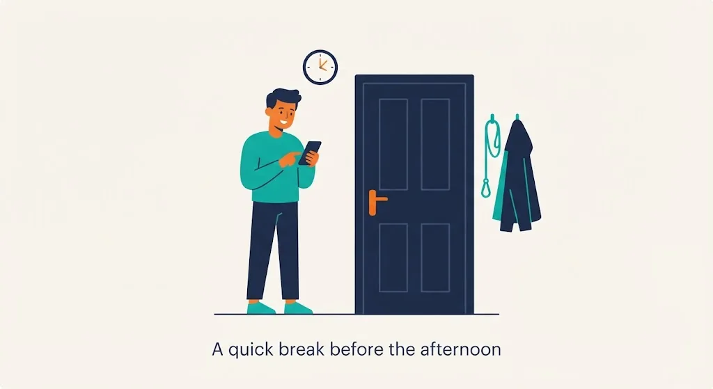 Person checking a phone timer while a dog leash and jacket wait by the door
