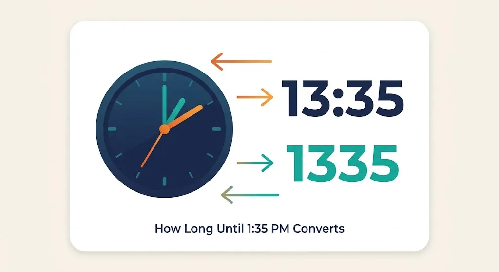 Infographic card showing 1:35 PM converted to 13:35 and military time 1335