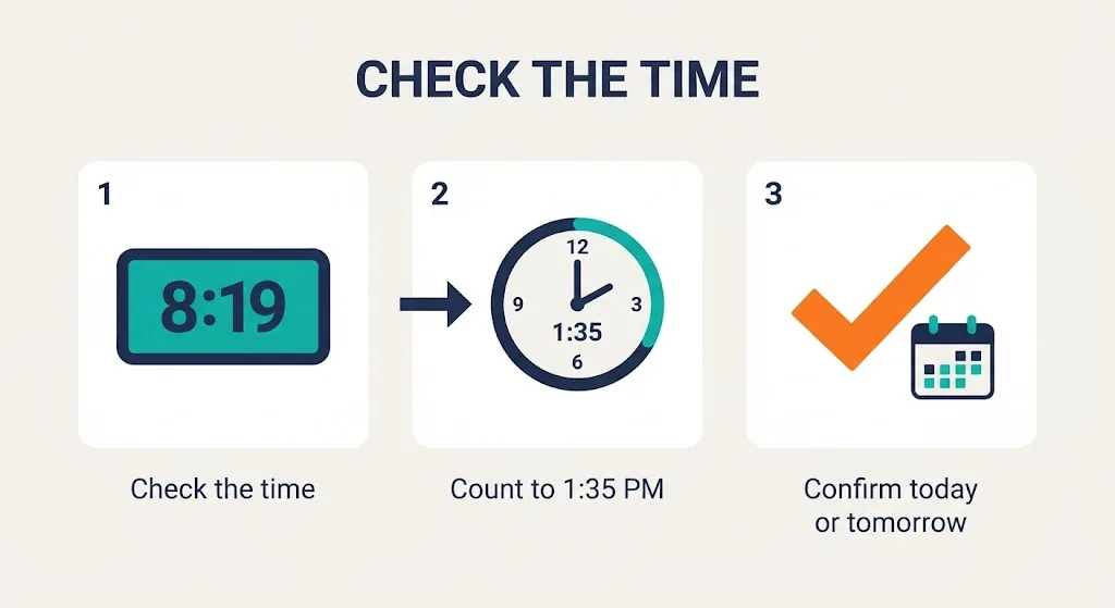 Three steps to find the countdown to 1:35 PM: check the clock at 8:19 AM, subtract, get 5 hours 16 minutes