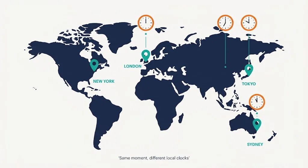 World map with clock pins over four cities each pointing to a different hour