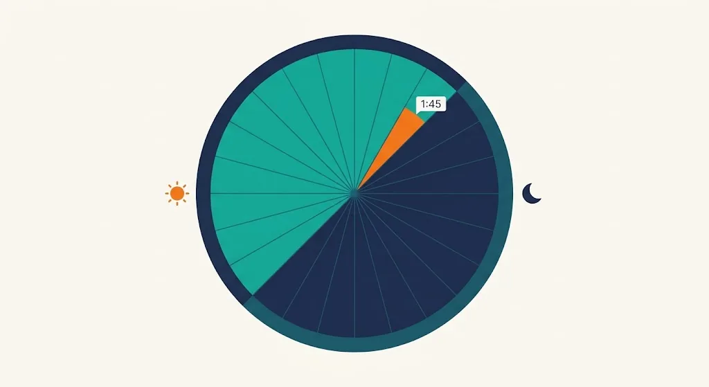 24-hour clock wheel with one wedge highlighted at 1:45 to show the countdown target