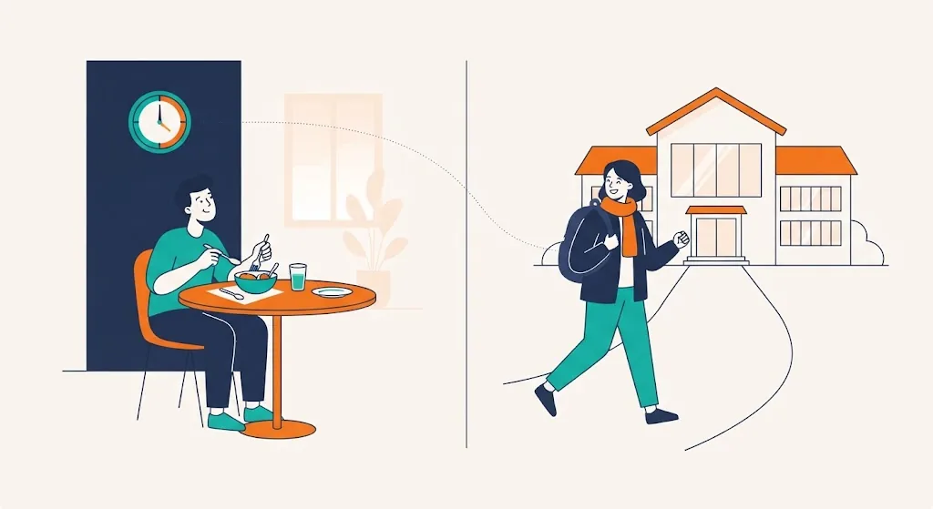 Person checking a clock at lunch and a parent walking to school pickup, everyday countdown scenes
