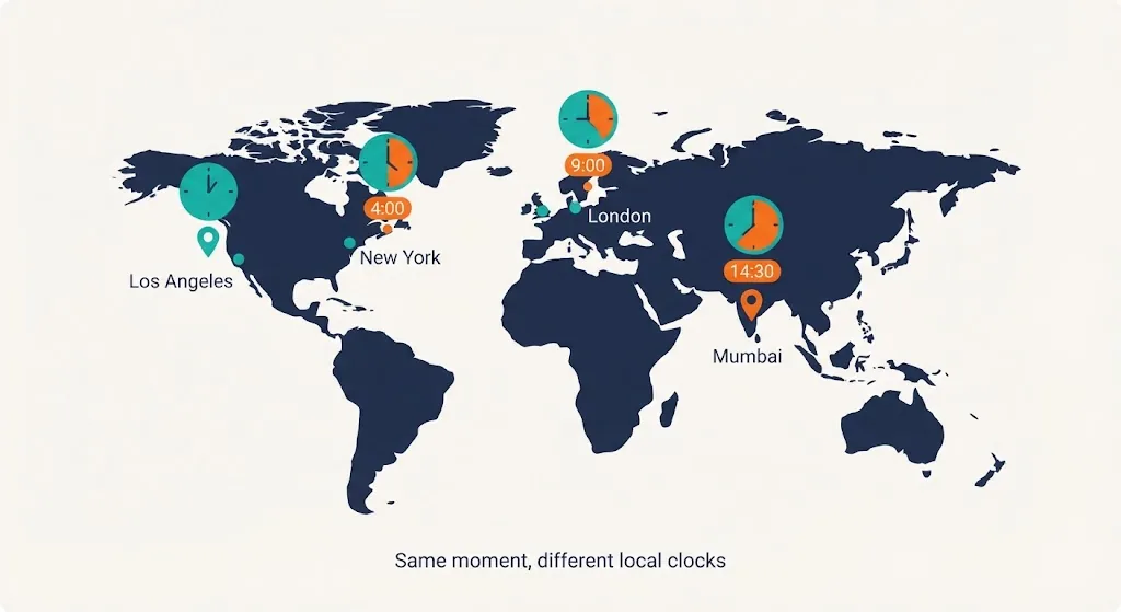 World map with clocks above four cities each showing a different local time