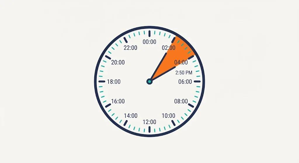 Circular 24-hour clock dial with an orange wedge marking the 2:50 PM point