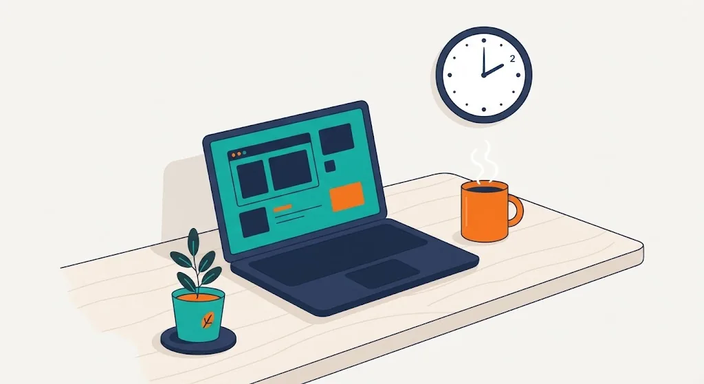 Desk scene with a laptop, coffee cup and wall clock showing hands near 2:50