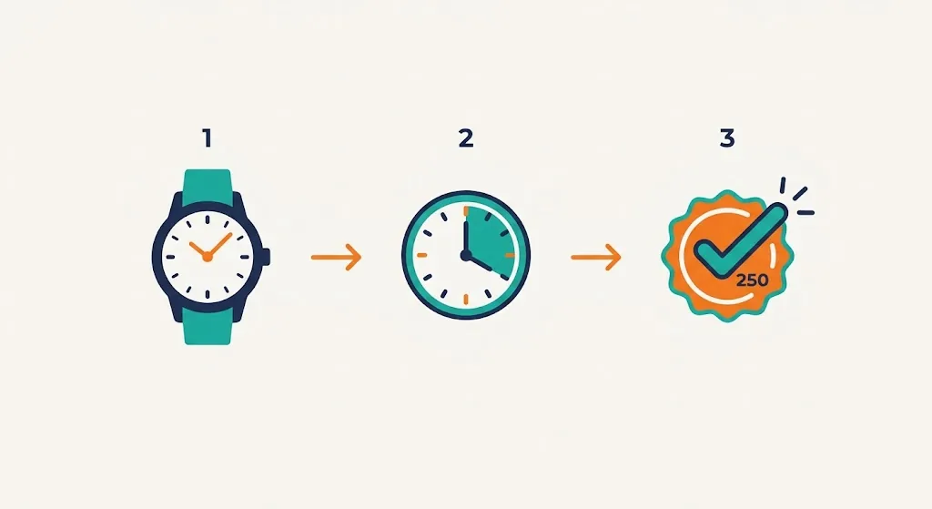Three steps to calculate how long until 2:50 PM: check the clock, subtract from 2:50 PM, get the remaining time